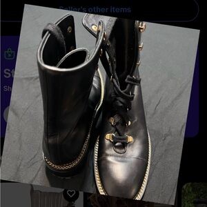 Stuart Weitzman Black Leather Combat Boots with Chain Detail